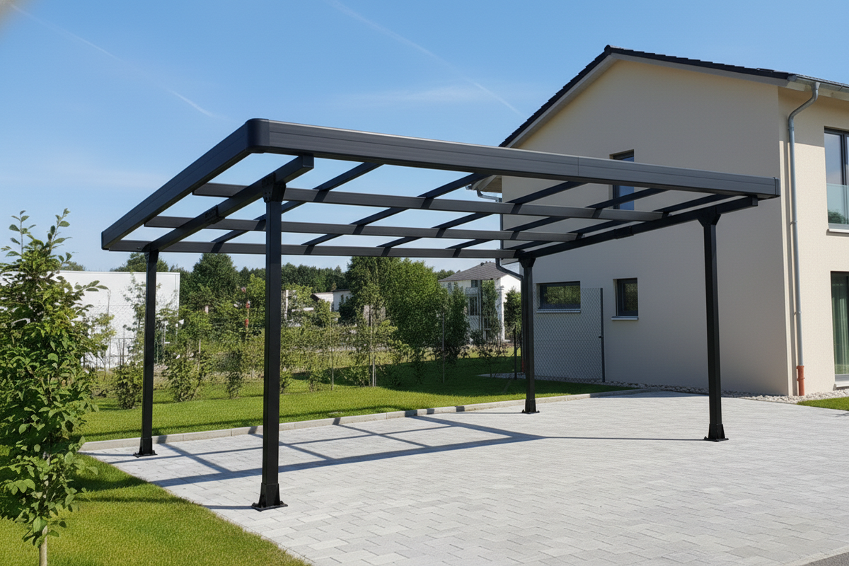 Aluminium Doppelcarport für 2 Autos Schwarz – Solar-Carport Gestell mit Dachverkleidung & Regenrinne