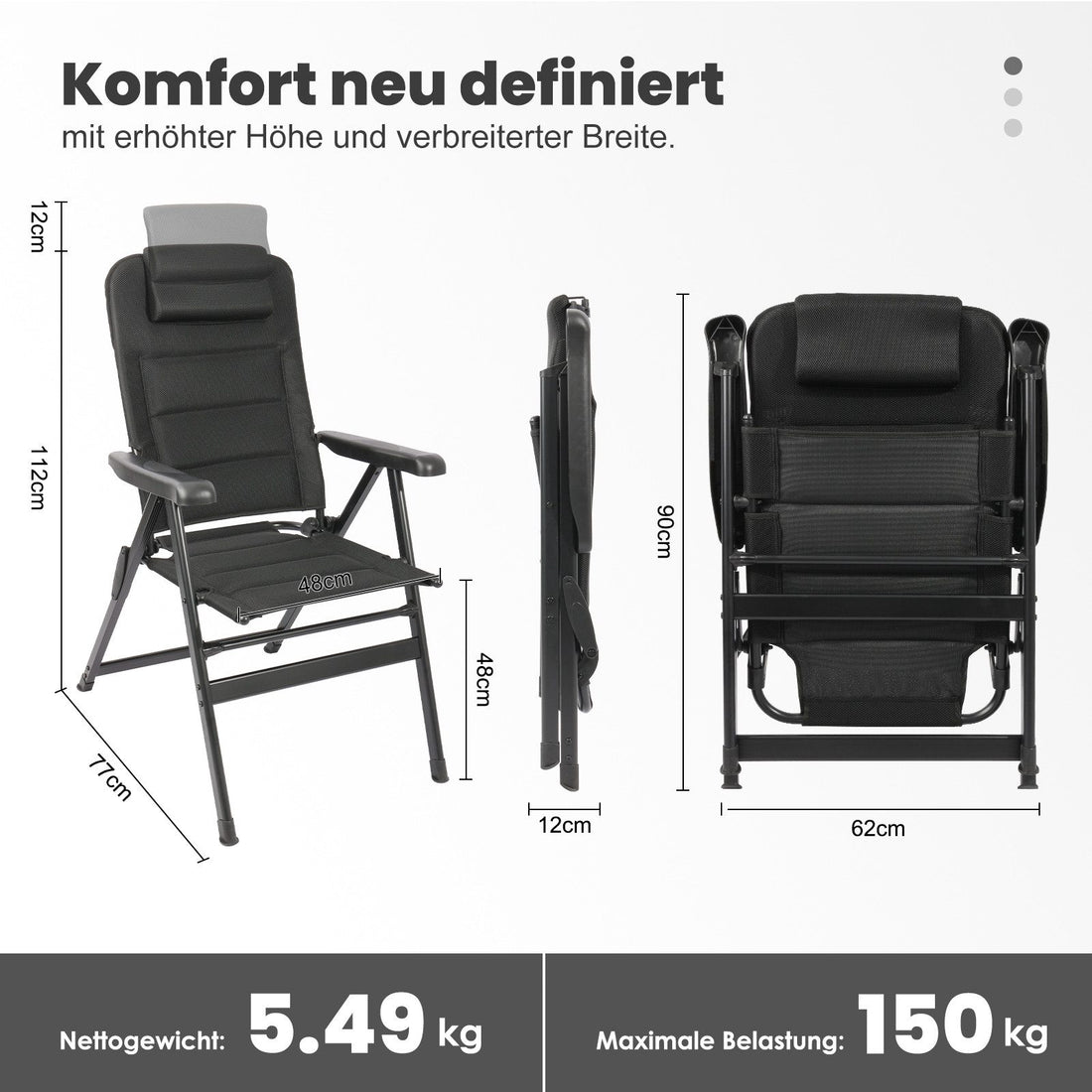 Campingstuhl Hochlehner klappbar – Gepolsterter Gartenstuhl mit Kopfstütze bis 150 kg belastbar schwarz