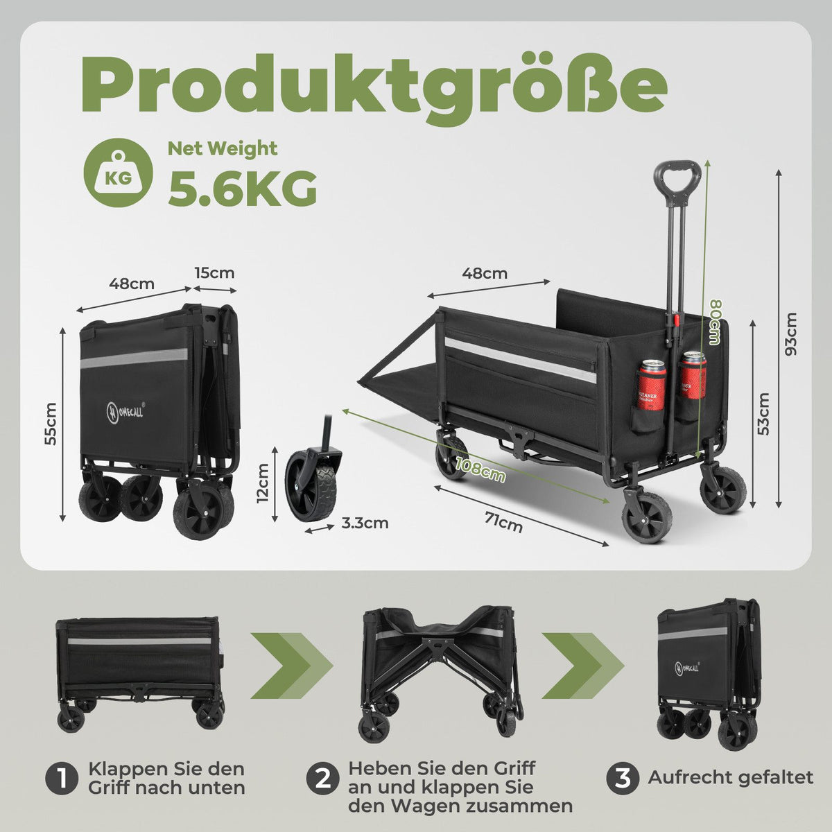 HOMECALL Bollerwagen faltbar 120 L – Handwagen Transportwagen bis 150 kg belastbar mit Regenhülle | B-Ware Sonderposten