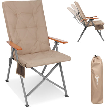 Campingstuhl faltbar Hochlehner – Gepolsterter Klappstuhl / Gartentuhl mit Holzarmlehnen bis 150 kg belastbar, beige