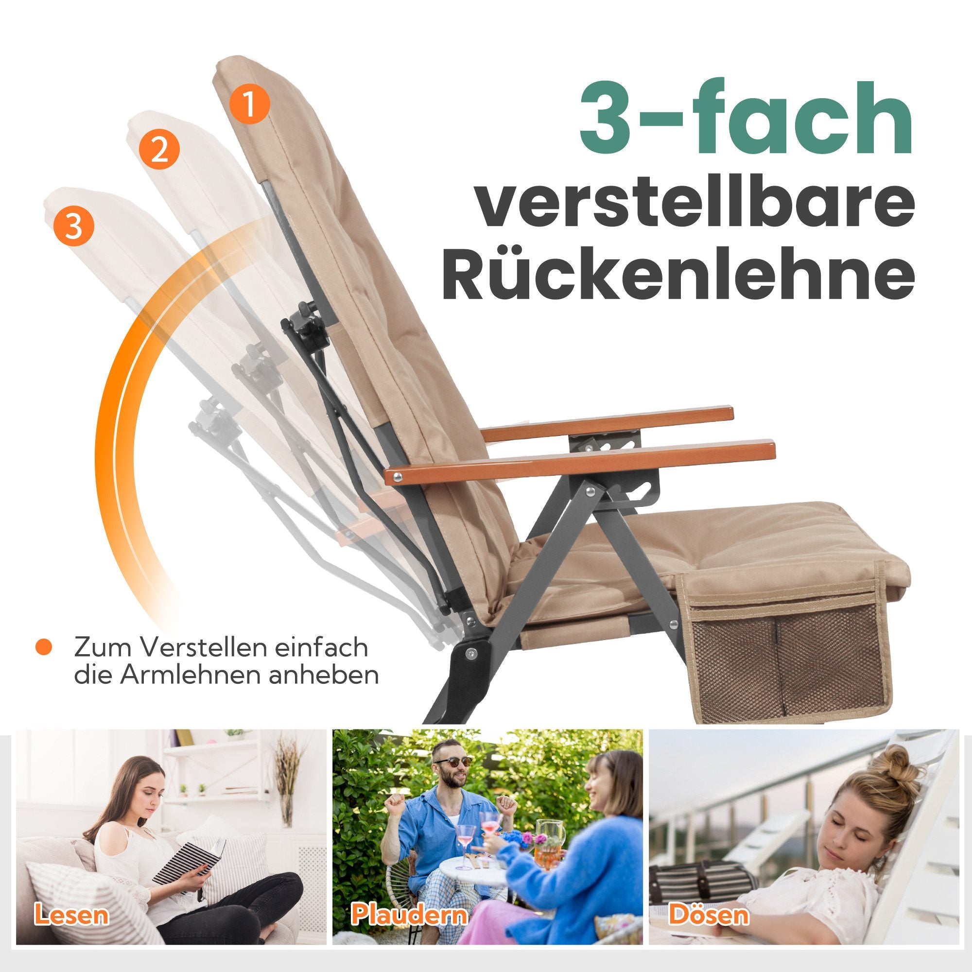 5-tlg. Gartenset Sitzgruppe – Klapptisch ca. 117x70 cm Holzoptik + 4 Hochlehner Beige