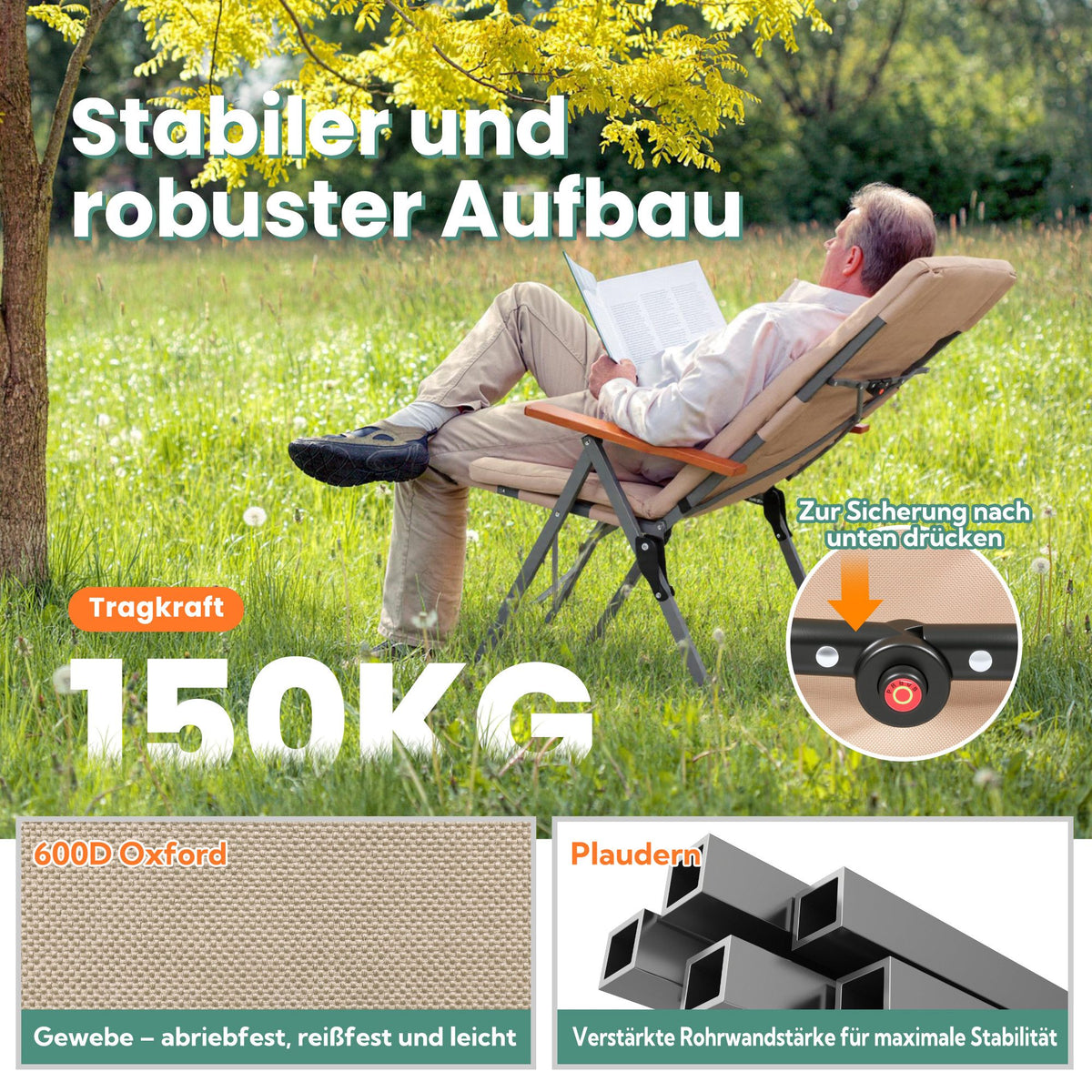 3-tlg. Gartenset Sitzgruppe – Klapptisch ca. 120x70 cm höhenverstellbar Holzoptik + 2 Hochlehner Beige