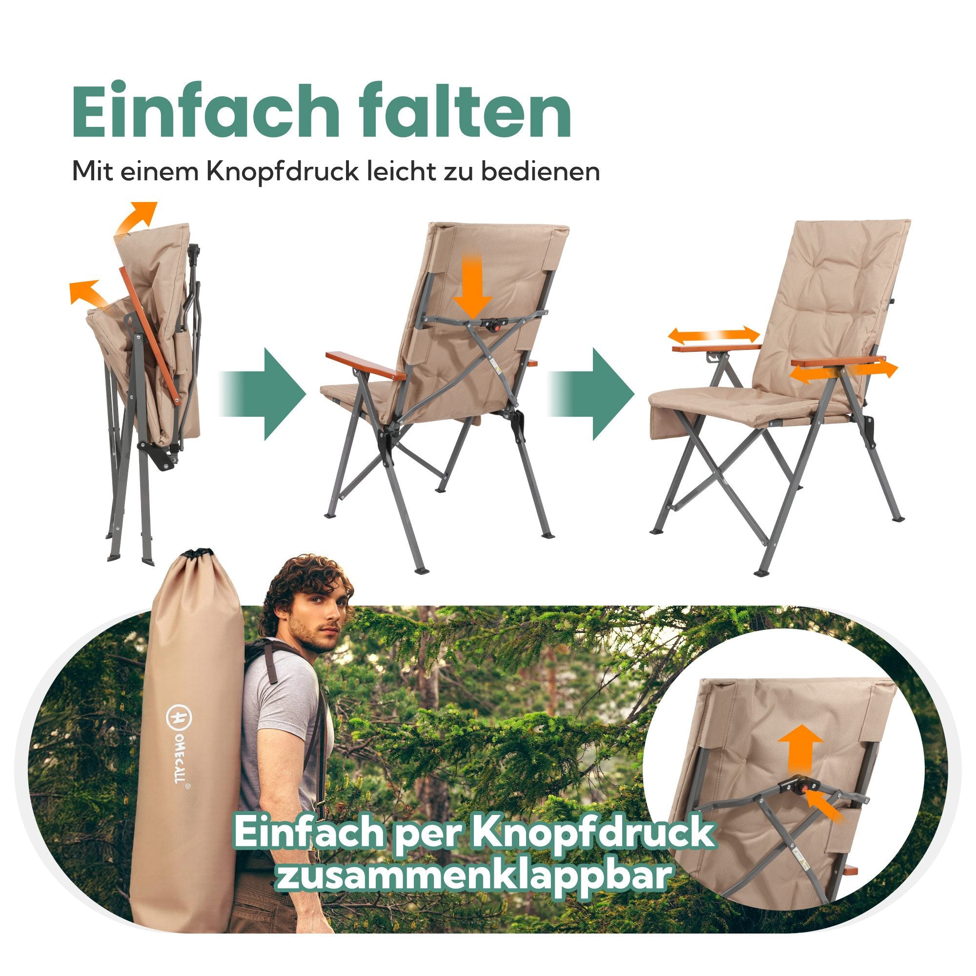 Campingstuhl faltbar Hochlehner – Gepolsterter Klappstuhl / Gartentuhl mit Holzarmlehnen bis 150 kg belastbar, beige