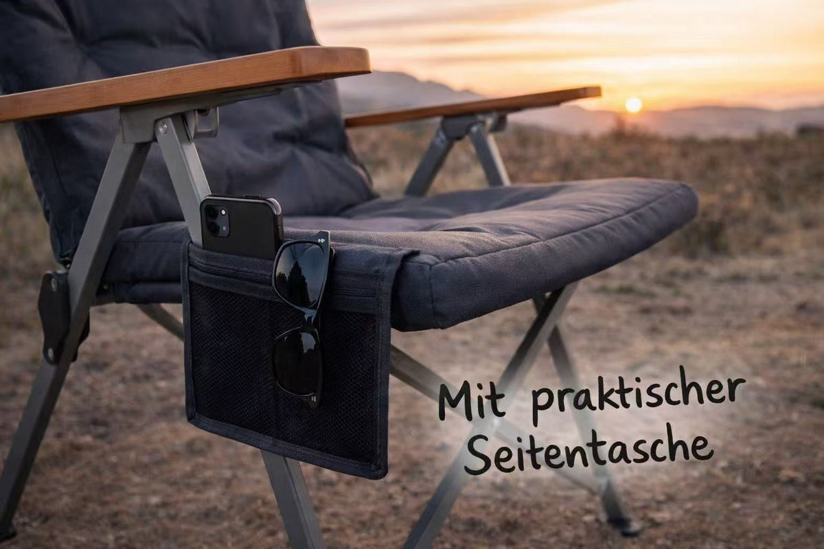 HOMECALL Campingstuhl faltbar Hochlehner – gepolsterter Klappstuhl mit Holzarmlehnen, 3-fach verstellbar bis 150 kg belastbar  | B-Ware