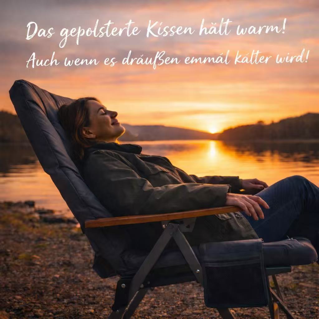 HOMECALL Campingstuhl faltbar Hochlehner – gepolsterter Klappstuhl mit Holzarmlehnen, 3-fach verstellbar bis 150 kg belastbar  | B-Ware