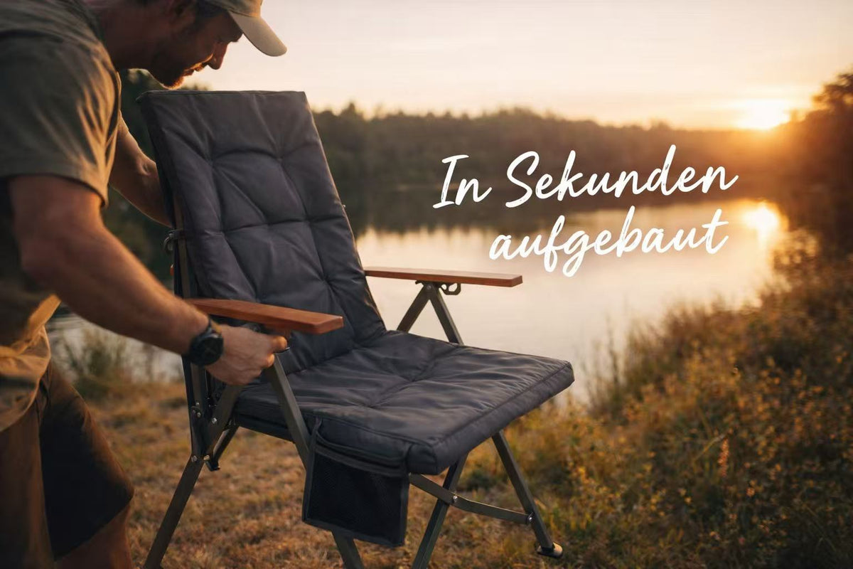 HOMECALL Campingstuhl faltbar Hochlehner – gepolsterter Klappstuhl mit Holzarmlehnen, 3-fach verstellbar bis 150 kg belastbar  | B-Ware