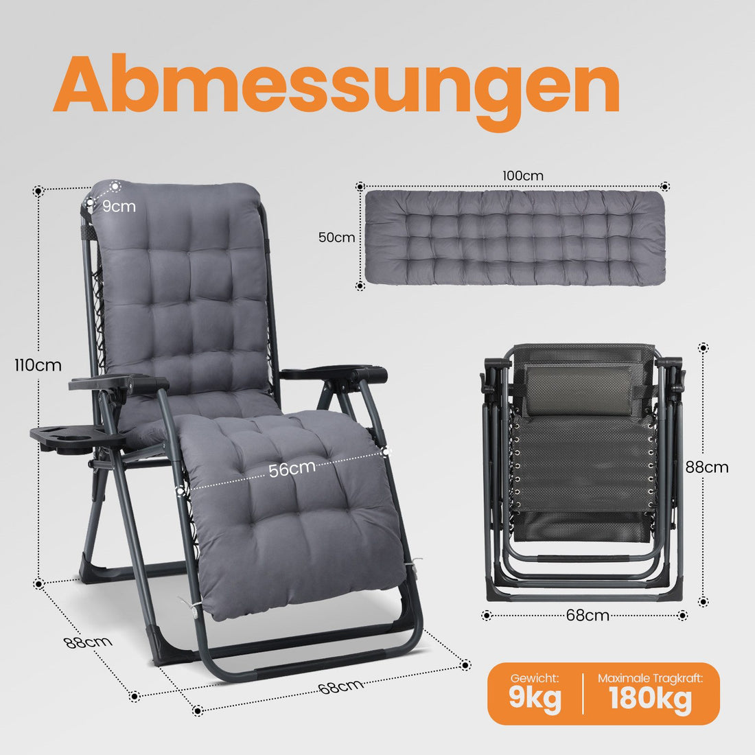 HOMECALL Zero Gravity Liegestuhl klappbar – Relaxliege mit Polster, Textilene, stufenlos verstellbar, bis 180 kg | B-Ware