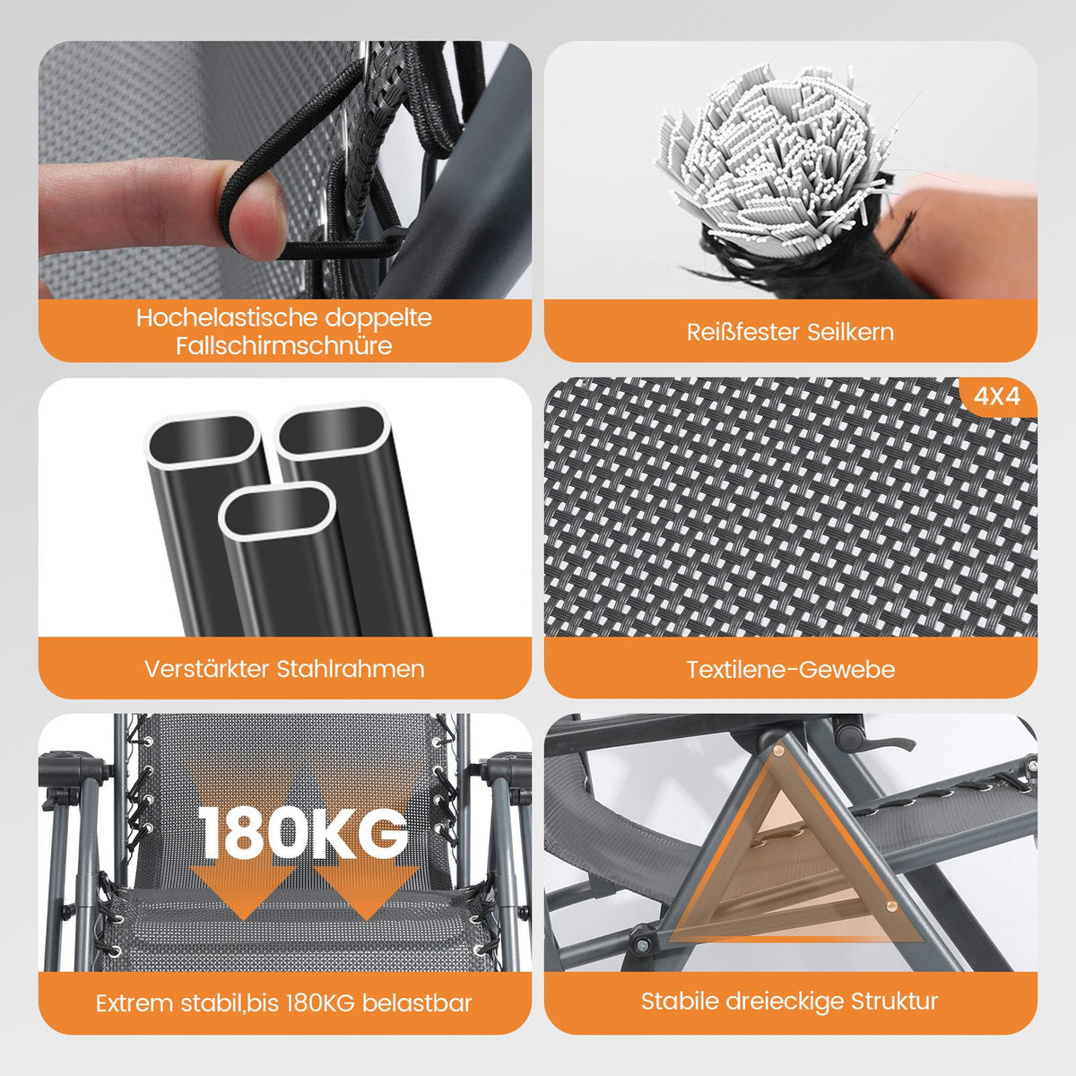 HOMECALL Zero Gravity Liegestuhl klappbar – Relaxliege mit Polster, Textilene, stufenlos verstellbar, bis 180 kg | B-Ware