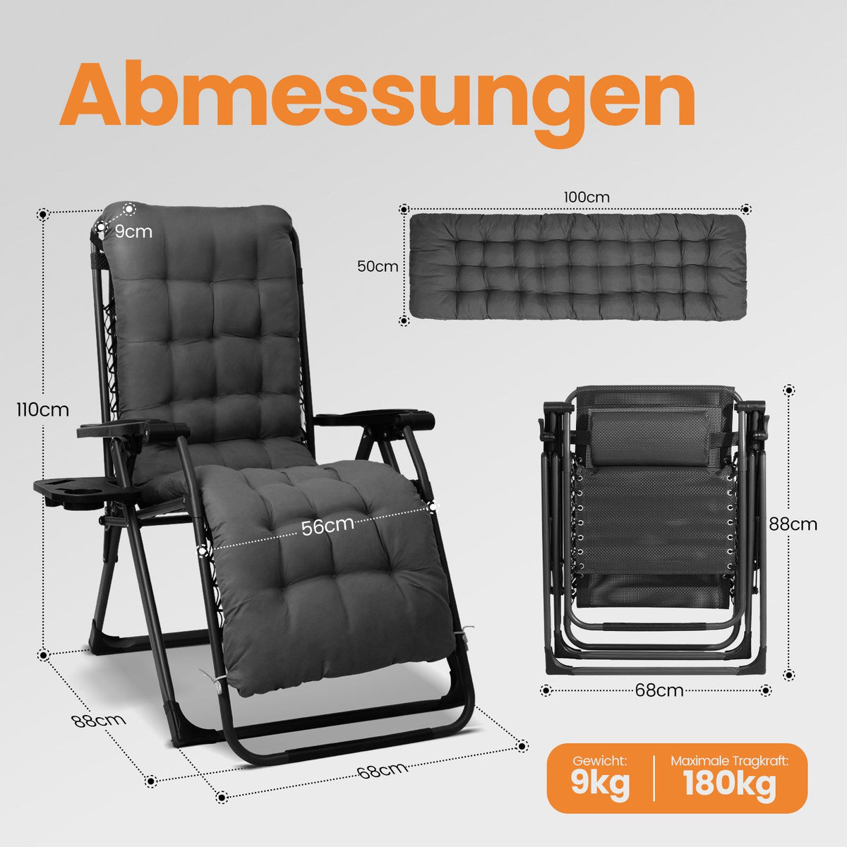HOMECALL Zero Gravity Liegestuhl klappbar – Relaxliege mit Polster, Textilene, stufenlos verstellbar, bis 180 kg | B-Ware
