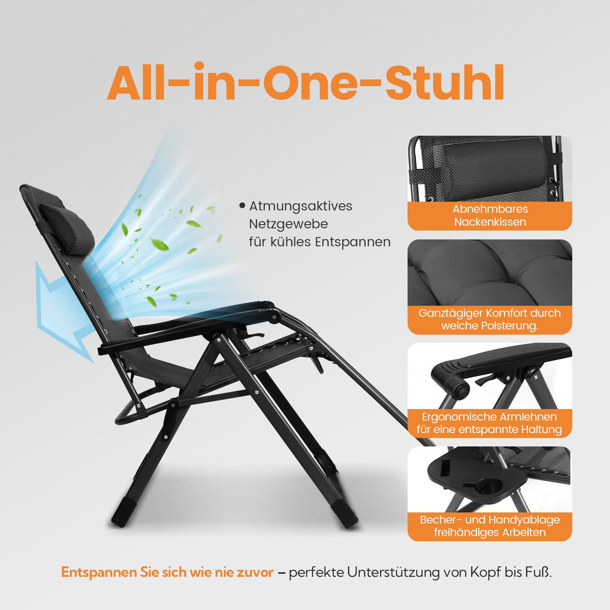 HOMECALL Zero Gravity Liegestuhl klappbar – Relaxliege mit Polster, Textilene, stufenlos verstellbar, bis 180 kg | B-Ware