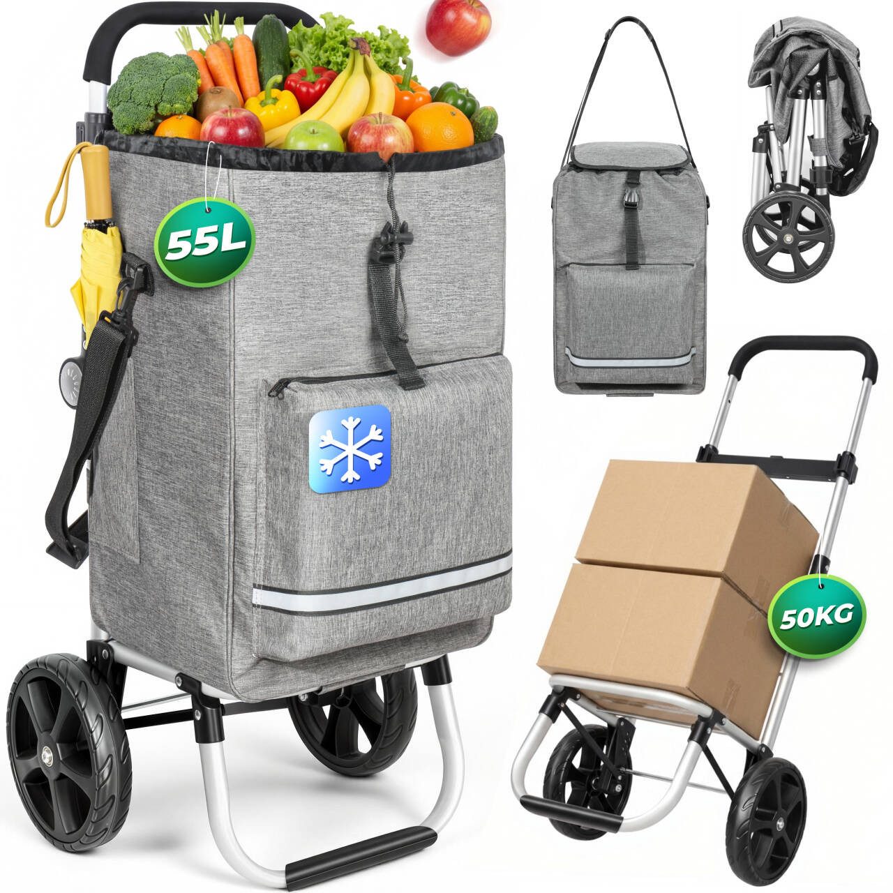 Einkaufstrolley klappbar mit Kühlfach 55 L – Shopping Trolley bis 50 kg belastbar
