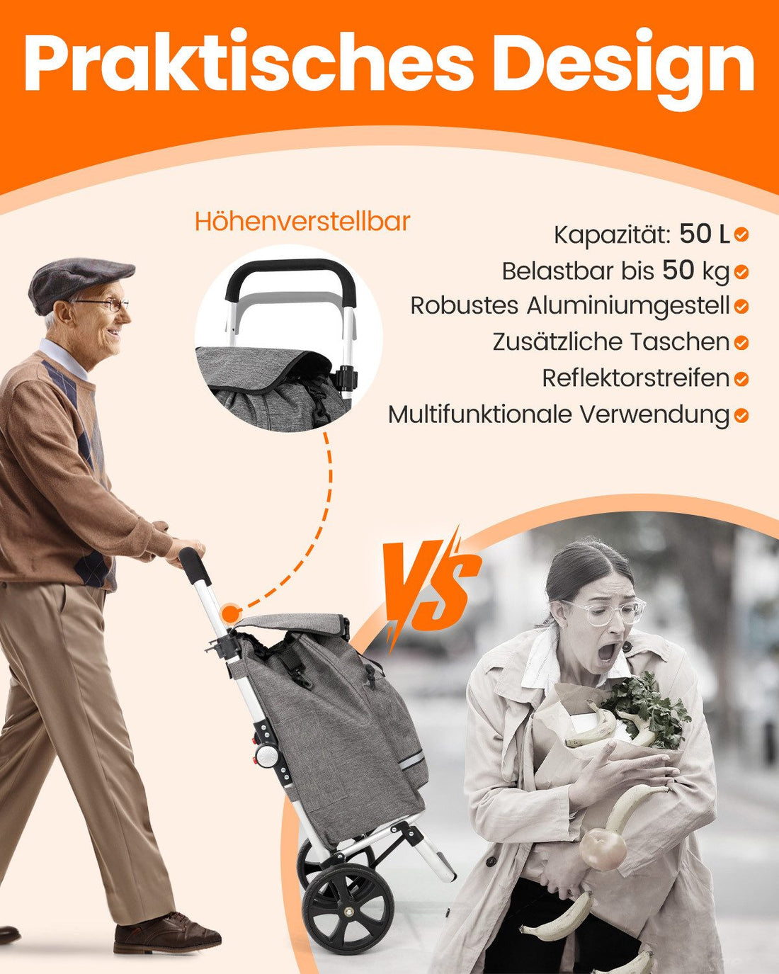 Einkaufstrolley klappbar mit Kühlfach 55 L – Shopping Trolley bis 50 kg belastbar
