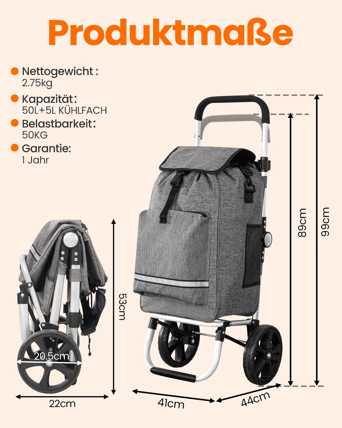 Einkaufstrolley klappbar mit Kühlfach 55 L – Shopping Trolley bis 50 kg belastbar