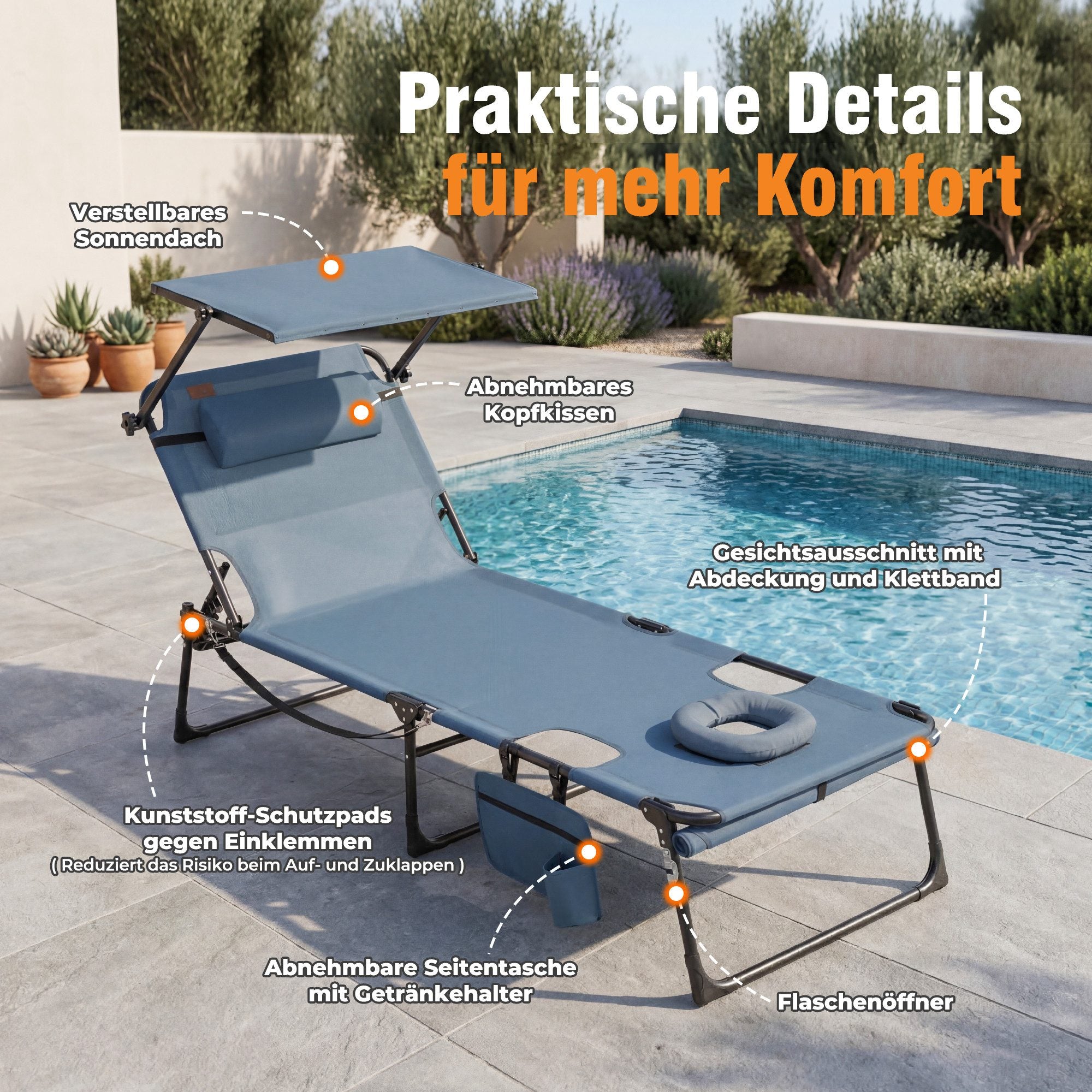 Sonnenliege klappbar mit Gesichtsaussparung – verstellbare Garten- und Campingliege bis 180 kg belastbar, blau