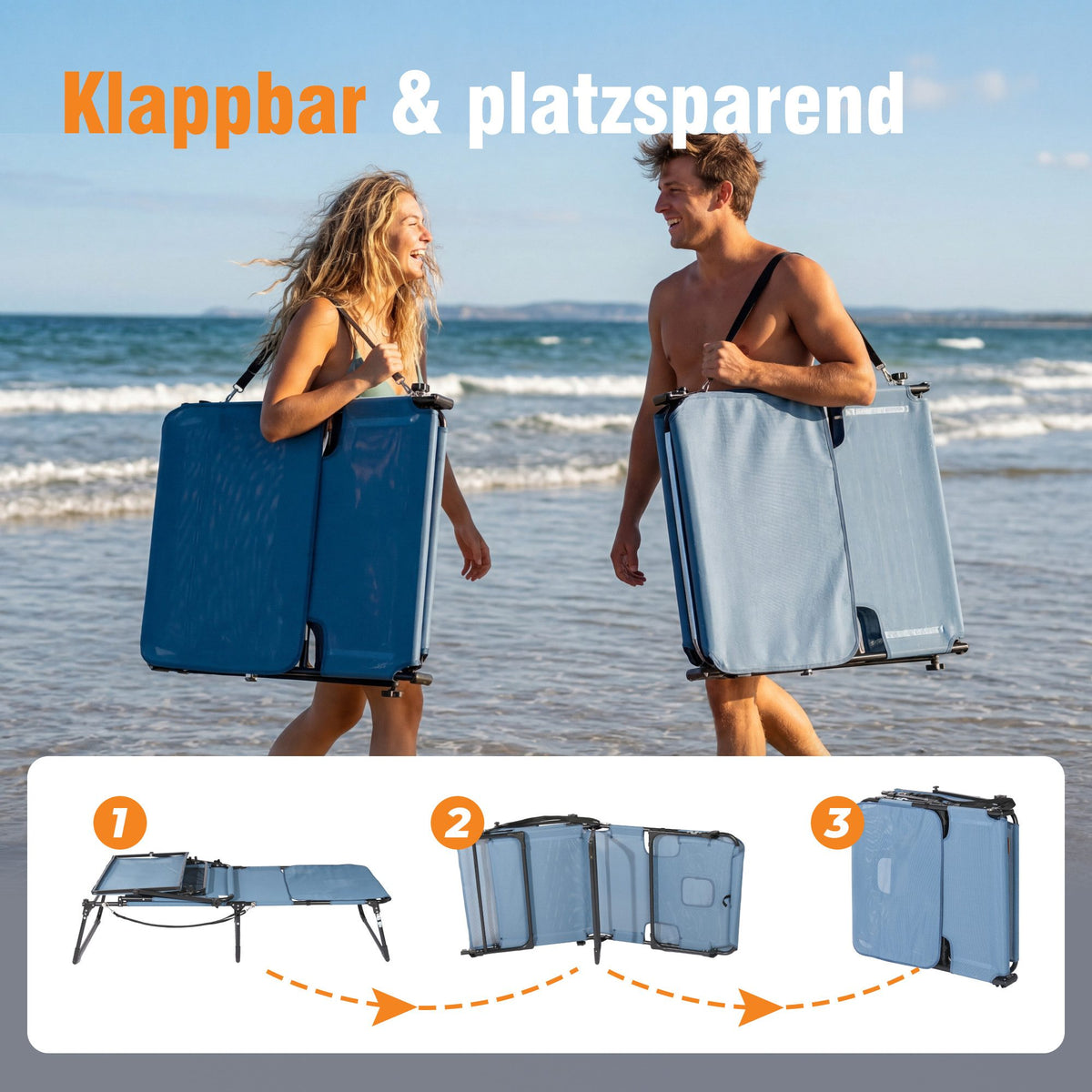 Sonnenliege klappbar mit Gesichtsaussparung – verstellbare Garten- und Campingliege bis 180 kg belastbar, blau