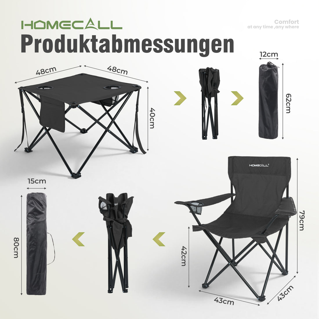 Campingmöbel-Set faltbar – 2 Campingstühle und 1 Campingtisch, leicht und kompakt, mit Getränkehaltern und Seitentaschen, bis 120 kg belastbar, schwarz