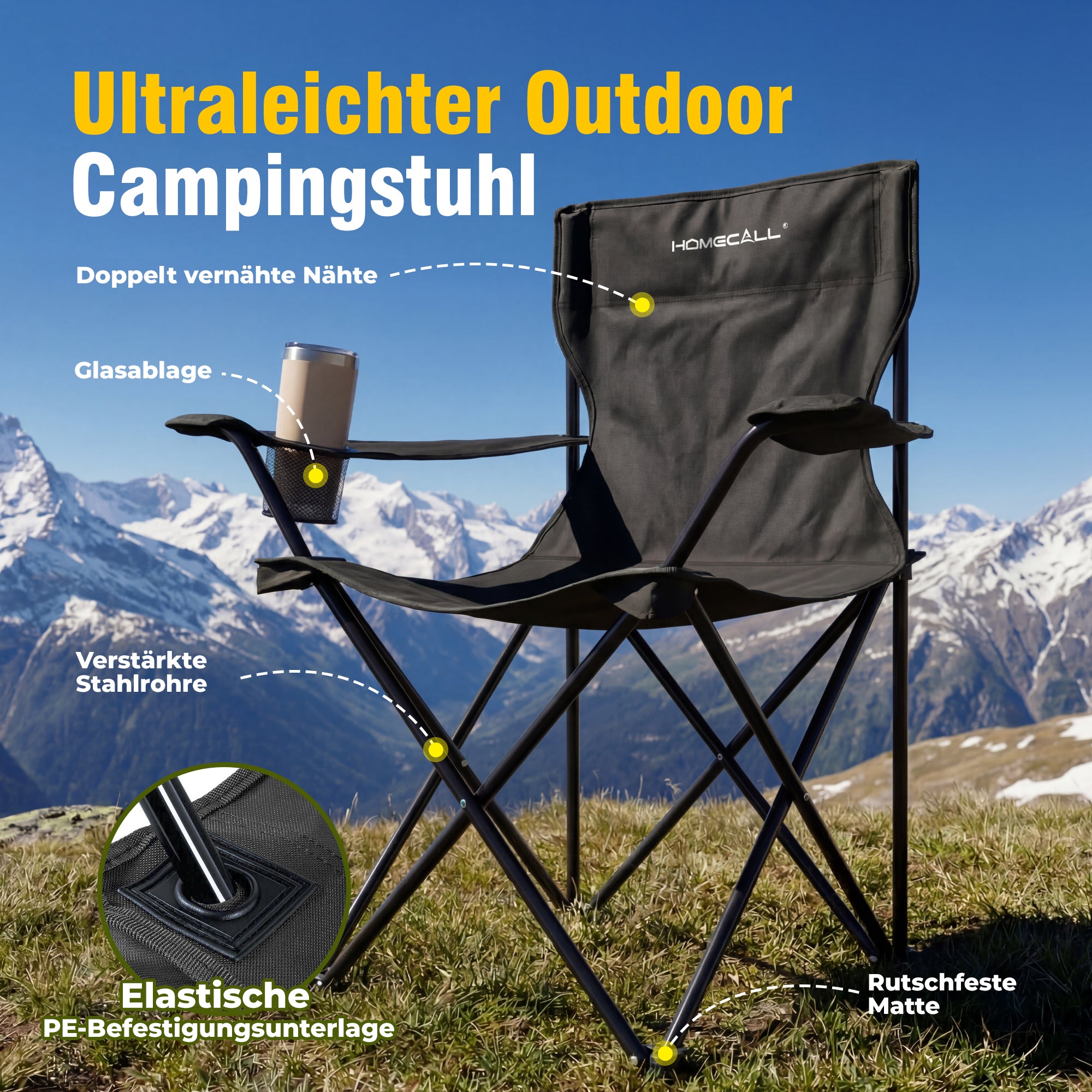 Campingmöbel-Set faltbar – 2 Campingstühle und 1 Campingtisch, leicht und kompakt, mit Getränkehaltern und Seitentaschen, bis 120 kg belastbar, schwarz