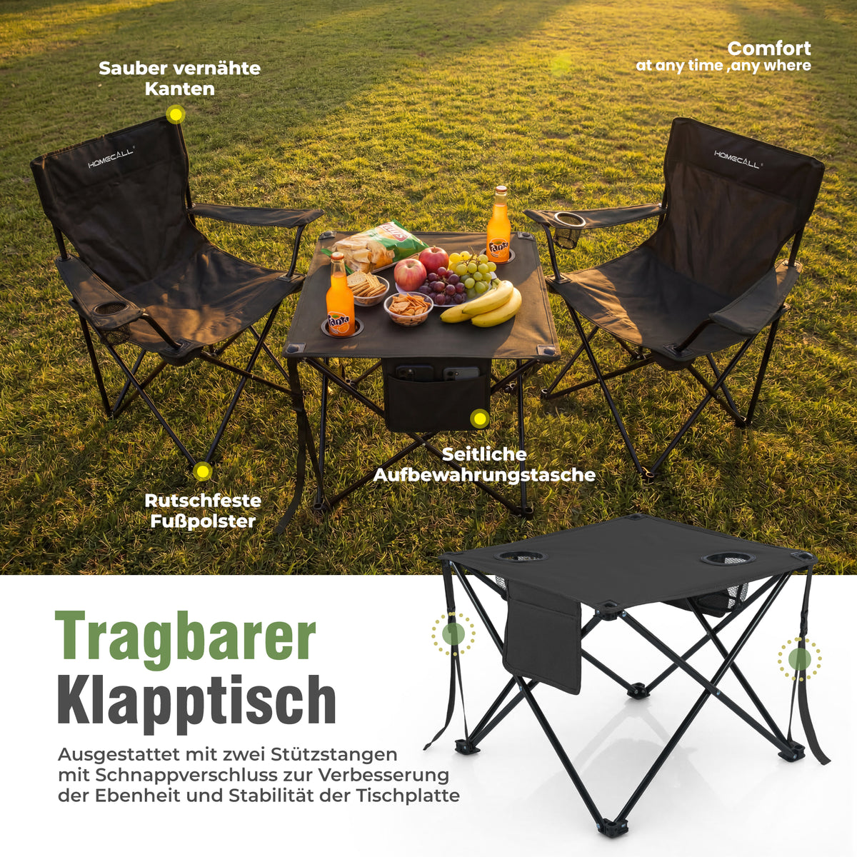 Campingmöbel-Set faltbar – 2 Campingstühle und 1 Campingtisch, leicht und kompakt, mit Getränkehaltern und Seitentaschen, bis 120 kg belastbar, schwarz