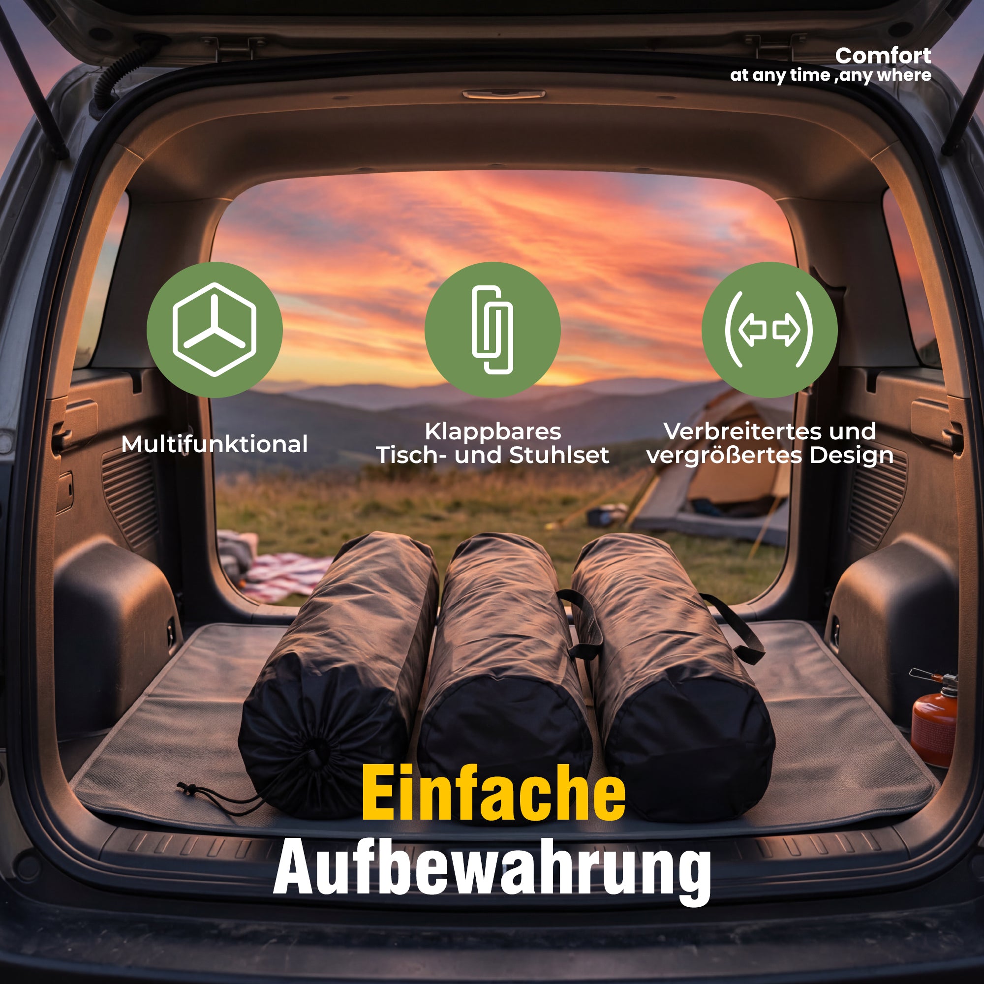 Campingmöbel-Set faltbar – 2 Campingstühle und 1 Campingtisch, leicht und kompakt, mit Getränkehaltern und Seitentaschen, bis 120 kg belastbar, schwarz