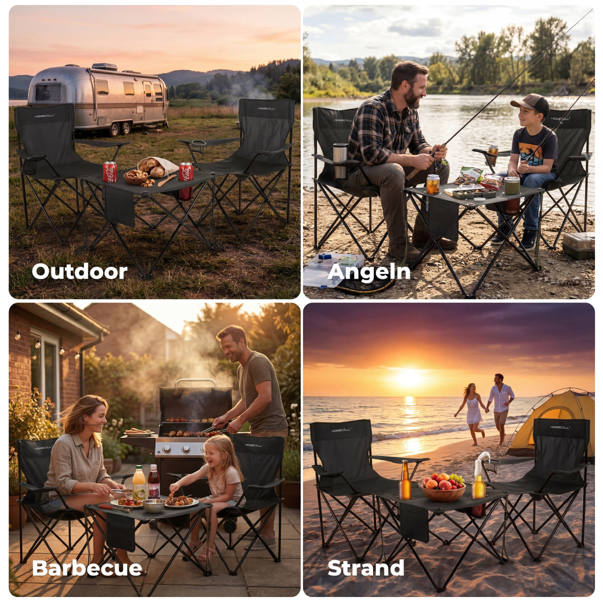 Campingmöbel-Set faltbar – 2 Campingstühle und 1 Campingtisch, leicht und kompakt, mit Getränkehaltern und Seitentaschen, bis 120 kg belastbar, schwarz