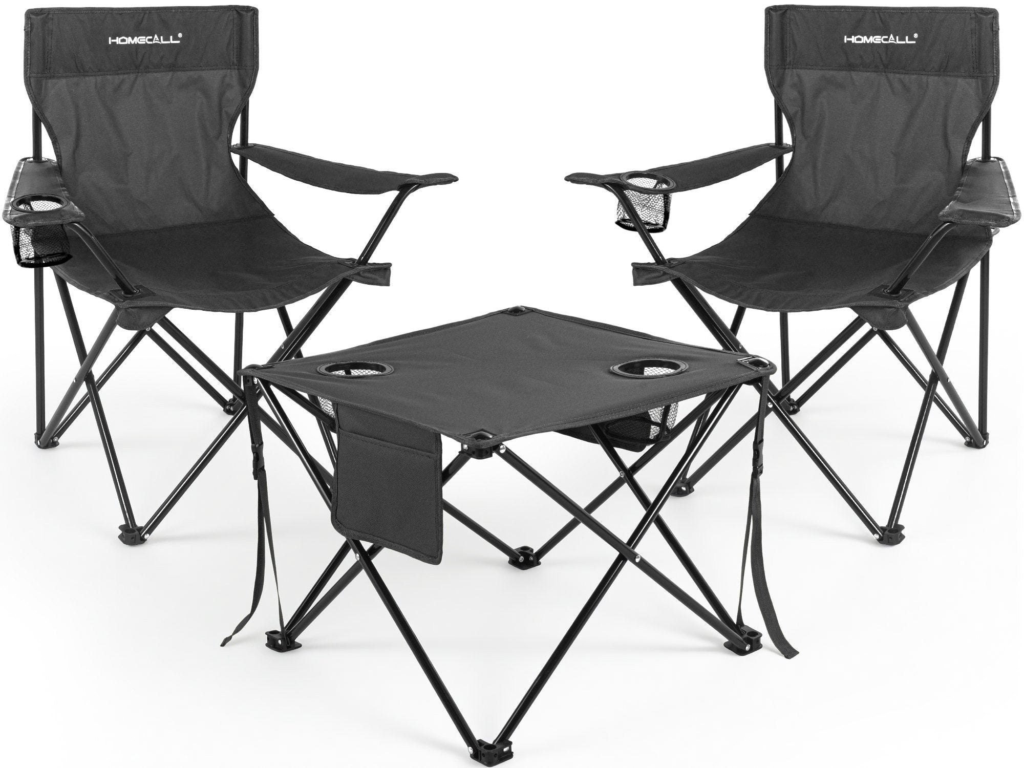 Campingmöbel-Set faltbar – 2 Campingstühle und 1 Campingtisch, leicht und kompakt, mit Getränkehaltern und Seitentaschen, bis 120 kg belastbar, schwarz