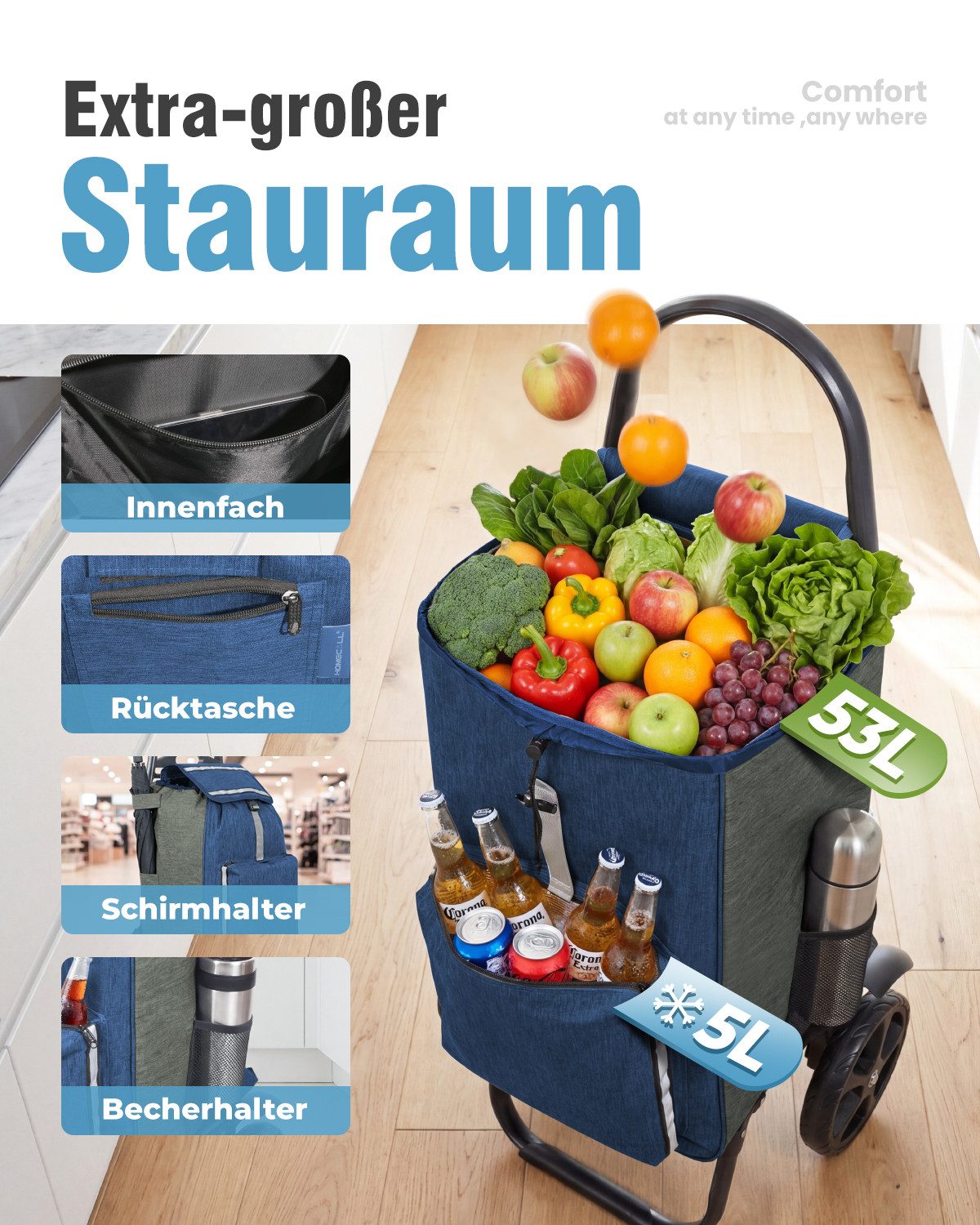 4-in-1 Einkaufswagen klappbar – Trolley, Rucksack und Transportwagen mit Kühlfach, faltbar bis 50 kg, Blau-Grau