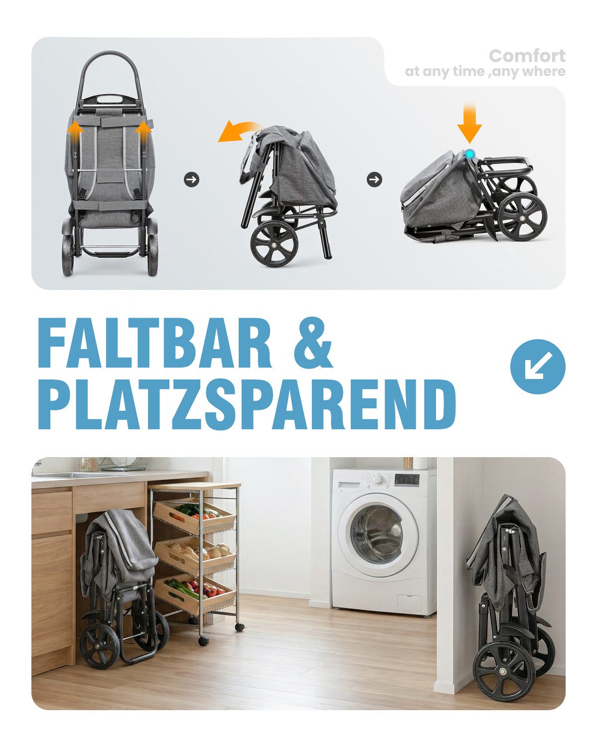 4-in-1 Einkaufswagen klappbar – Trolley, Rucksack und Transportwagen mit Kühlfach, faltbar bis 50 kg, Blau-Grau