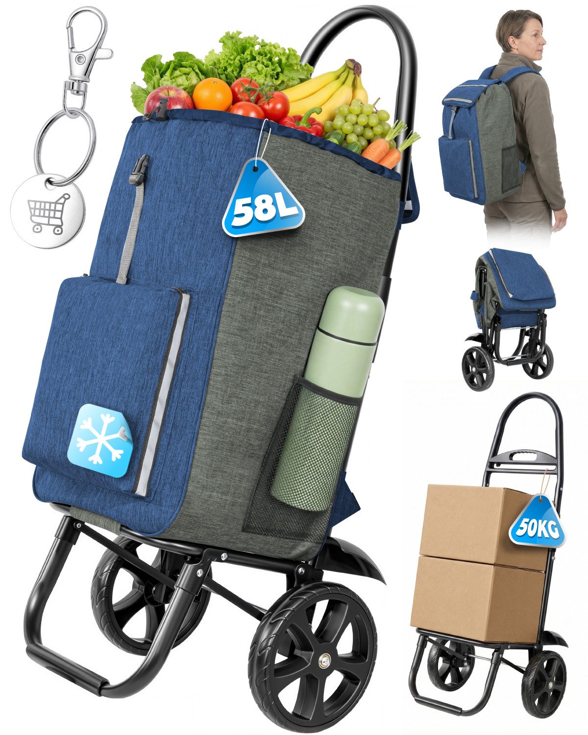4-in-1 Einkaufswagen klappbar – Trolley, Rucksack und Transportwagen mit Kühlfach, faltbar bis 50 kg, Blau-Grau