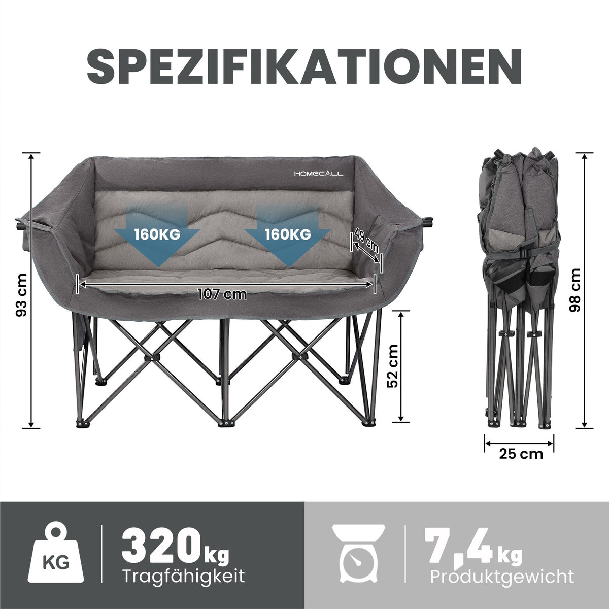 HOMECALL Campingstuhl 2 Personen faltbar – Doppel Campingsofa bis 360 kg, stabile Camping Couch mit Rückenlehne, Grau