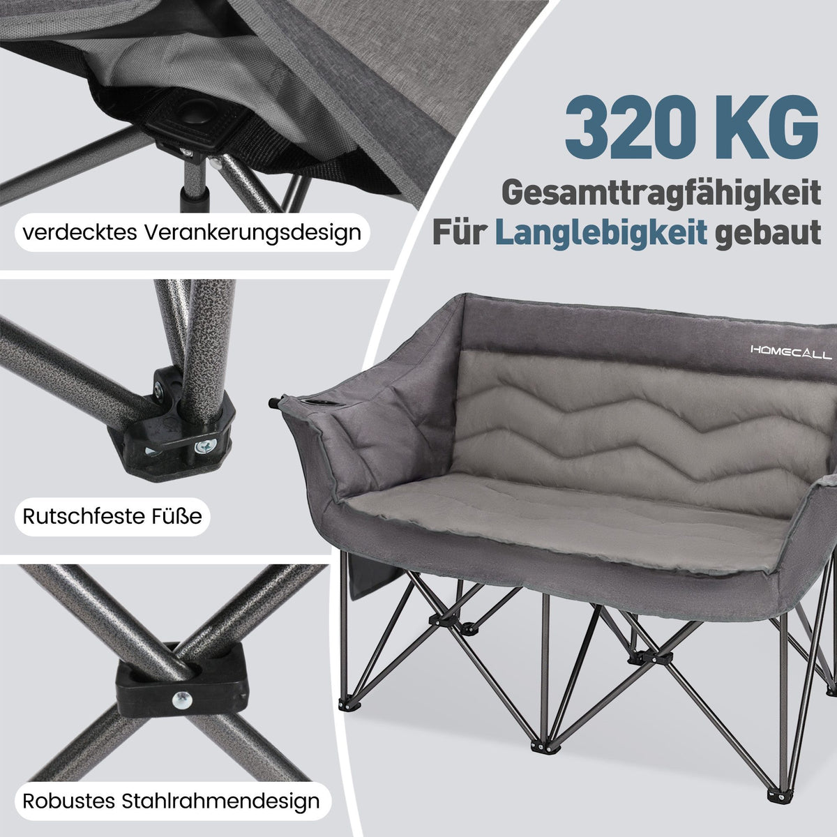 HOMECALL Campingstuhl 2 Personen faltbar – Doppel Campingsofa bis 360 kg, stabile Camping Couch mit Rückenlehne, Grau