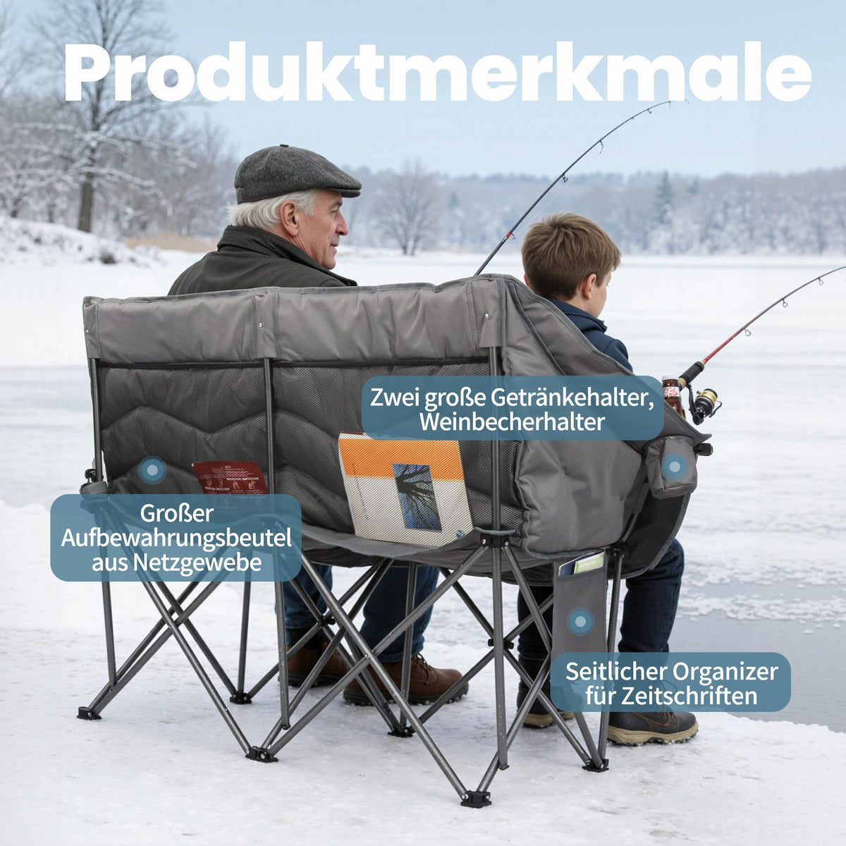 HOMECALL Campingstuhl 2 Personen faltbar – Doppel Campingsofa bis 360 kg, stabile Camping Couch mit Rückenlehne, Grau
