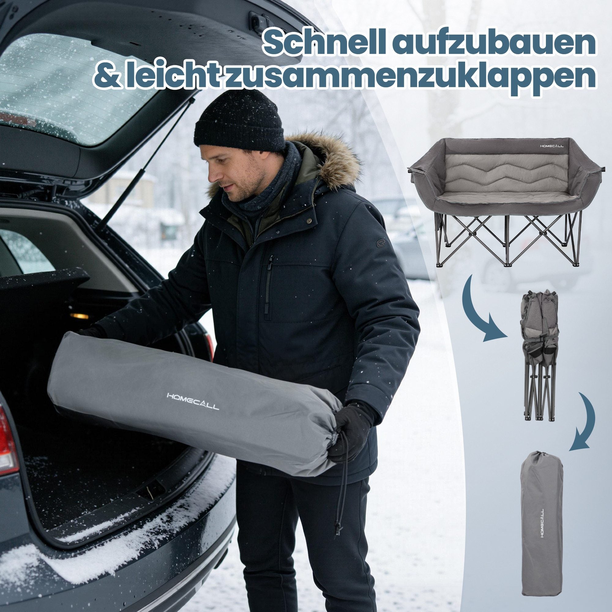HOMECALL Campingstuhl 2 Personen faltbar – Doppel Campingsofa bis 360 kg, stabile Camping Couch mit Rückenlehne, Grau