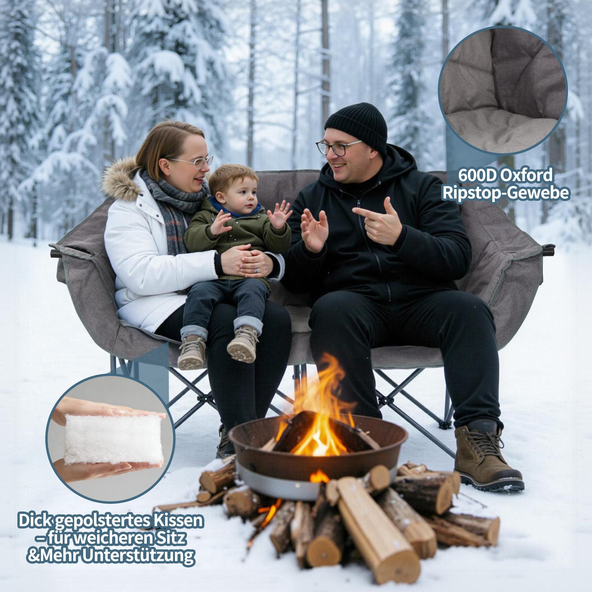 HOMECALL Campingstuhl 2 Personen faltbar – Doppel Campingsofa bis 360 kg, stabile Camping Couch mit Rückenlehne, Grau