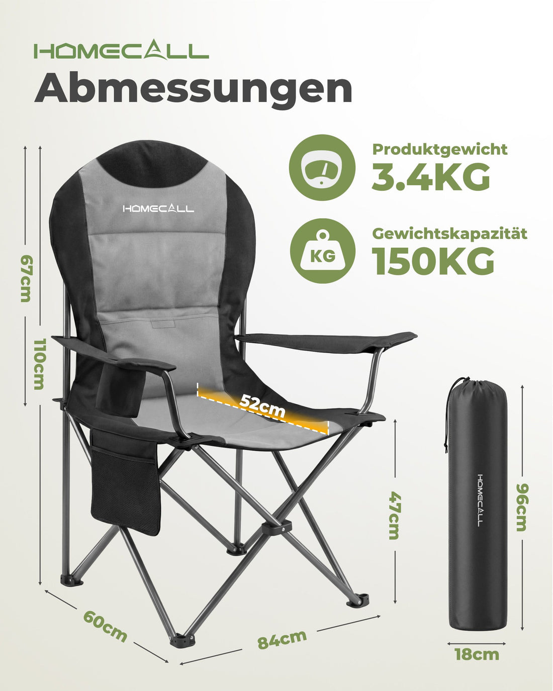 Campingstuhl faltbar Hochlehner – gepolsterter Outdoor-Klappstuhl bis 150 kg, leicht und stabil, grau