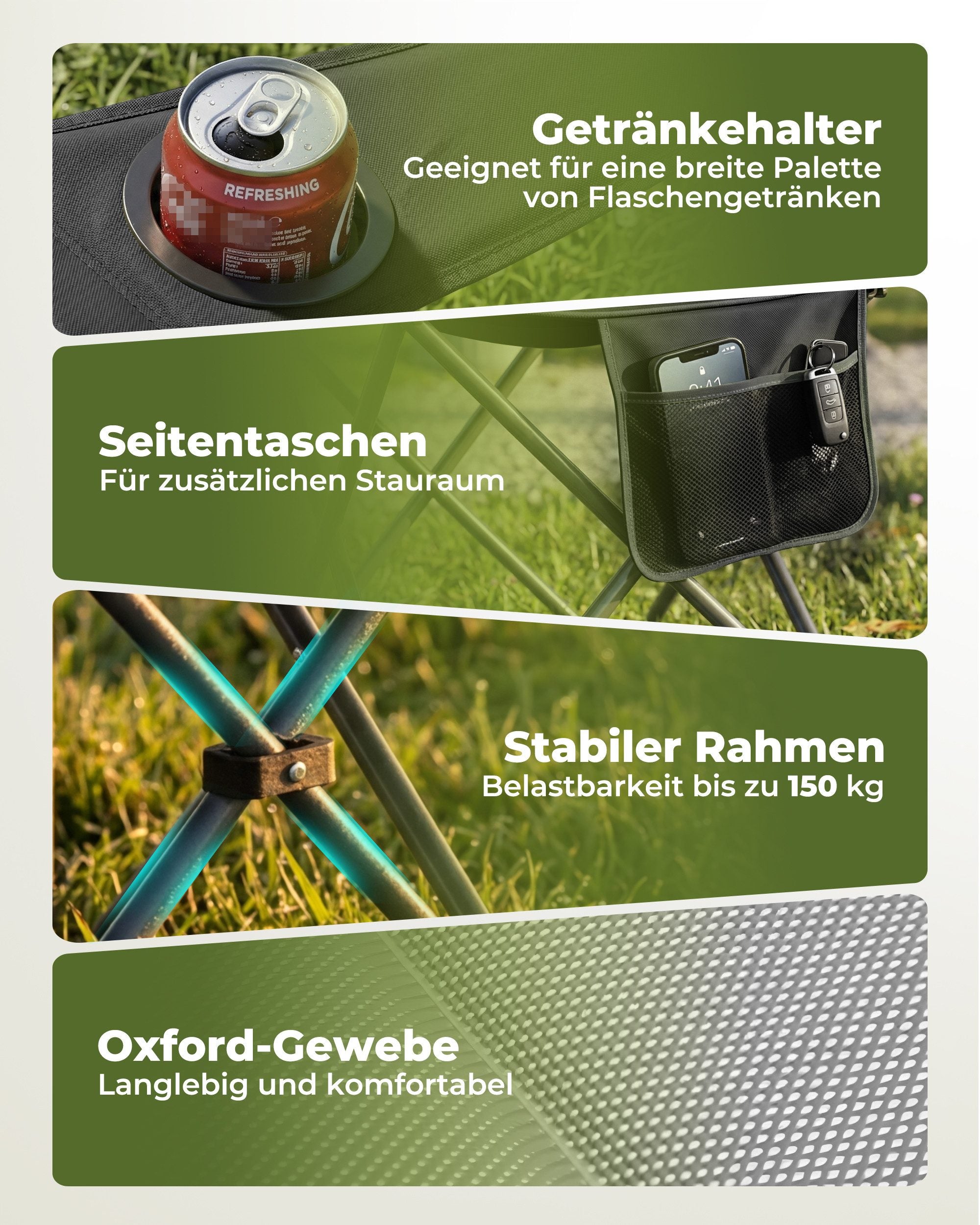 Campingstuhl faltbar Hochlehner – gepolsterter Outdoor-Klappstuhl bis 150 kg, leicht und stabil, grau