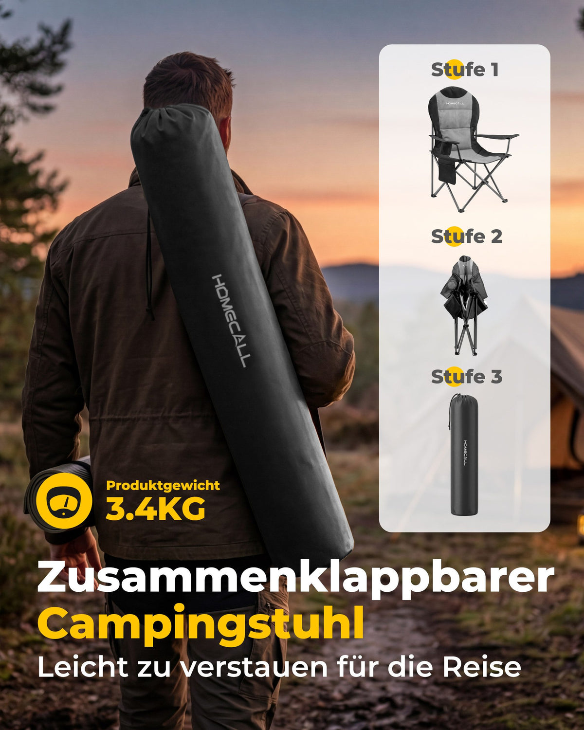 Campingstuhl faltbar Hochlehner – gepolsterter Outdoor-Klappstuhl bis 150 kg, leicht und stabil, grau