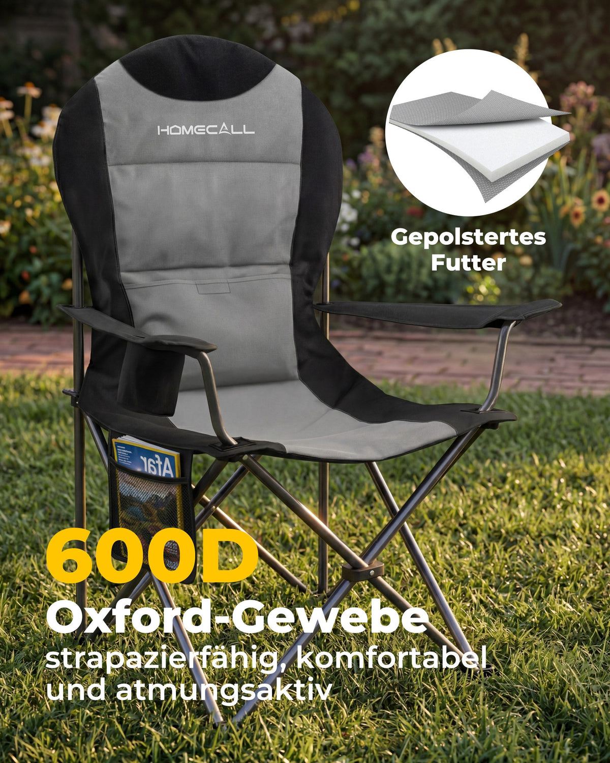 Campingstuhl faltbar Hochlehner – gepolsterter Outdoor-Klappstuhl bis 150 kg, leicht und stabil, grau