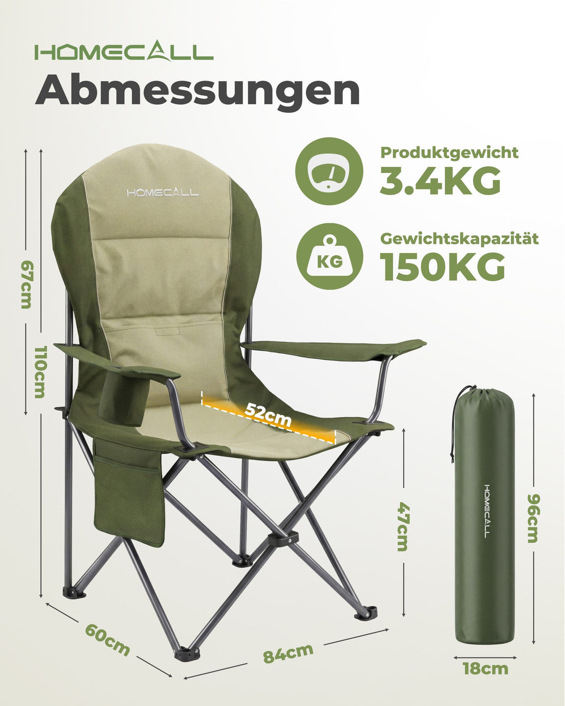 Campingstuhl faltbar Hochlehner – gepolsterter Outdoor-Klappstuhl bis 150 kg, leicht und stabil, grün