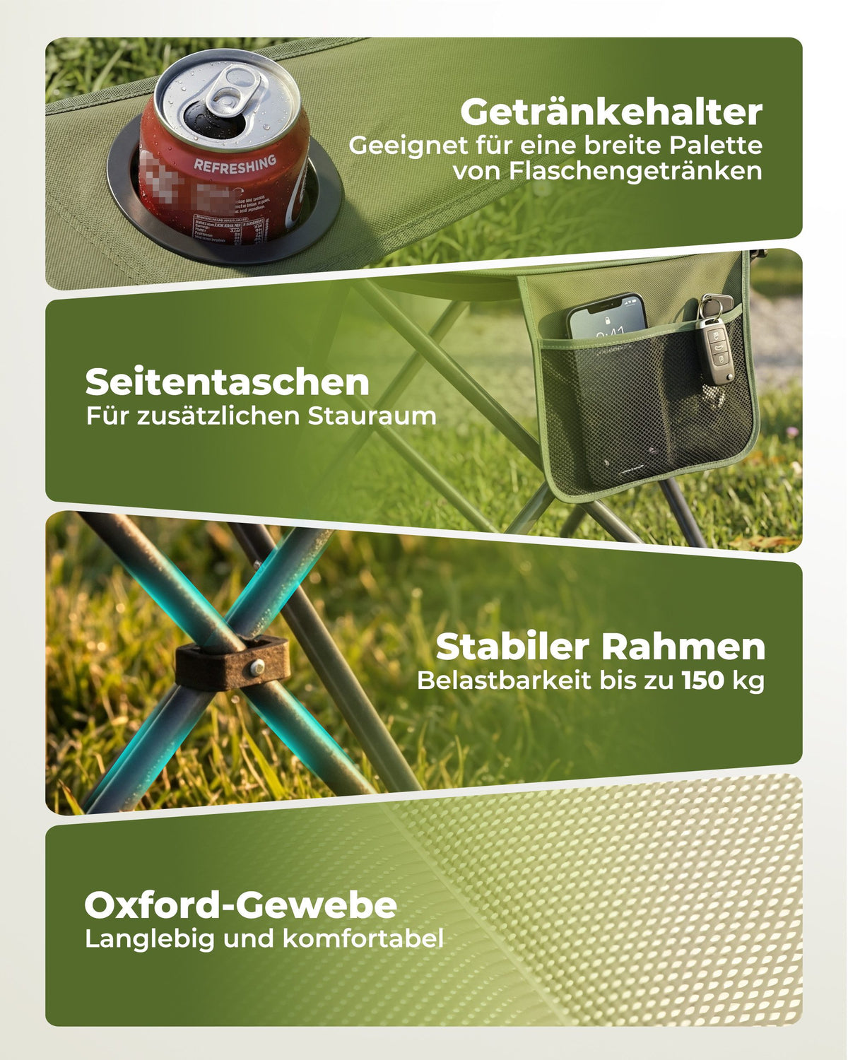 Campingstuhl faltbar Hochlehner – gepolsterter Outdoor-Klappstuhl bis 150 kg, leicht und stabil, grün