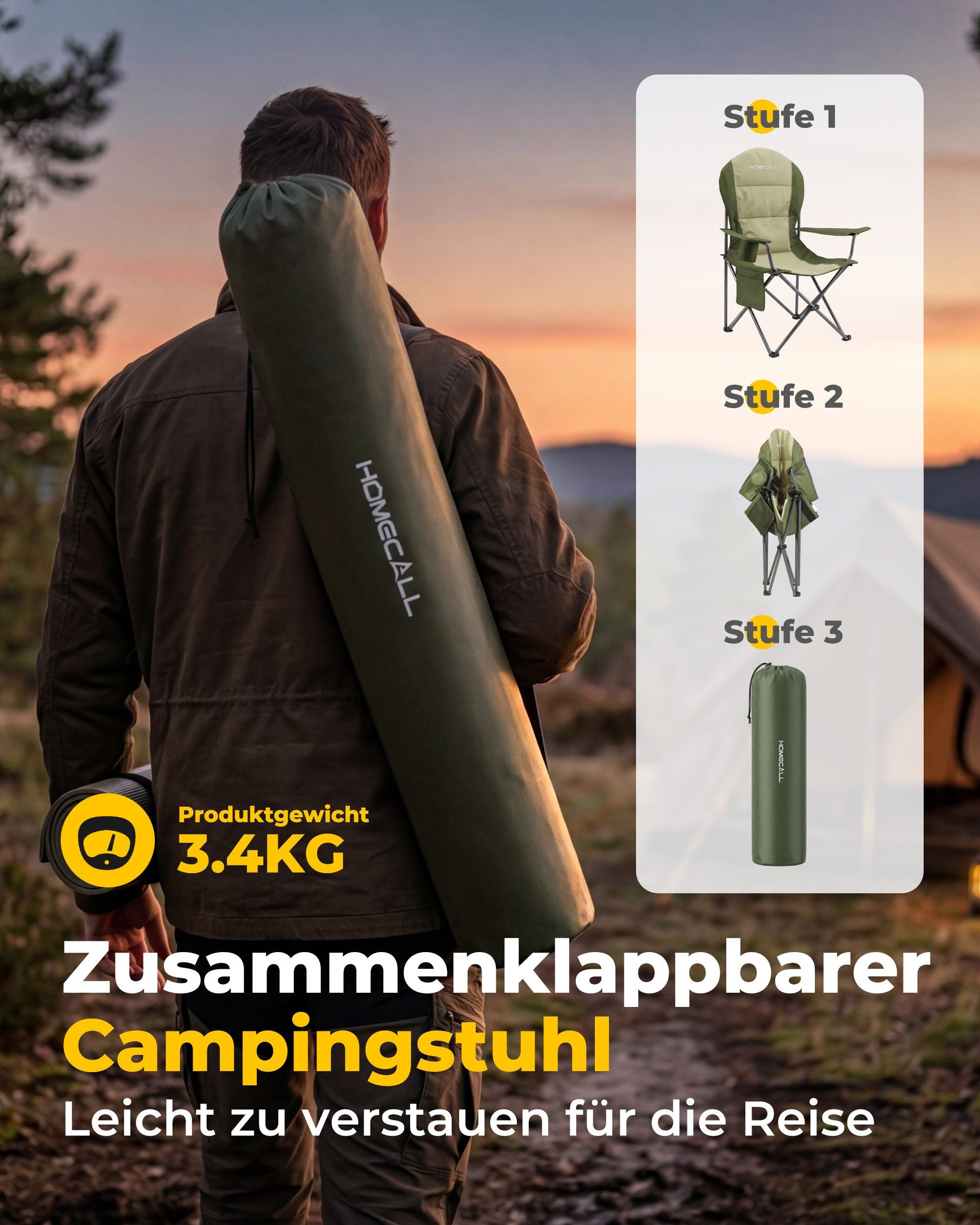Campingstuhl faltbar Hochlehner – gepolsterter Outdoor-Klappstuhl bis 150 kg, leicht und stabil, grün