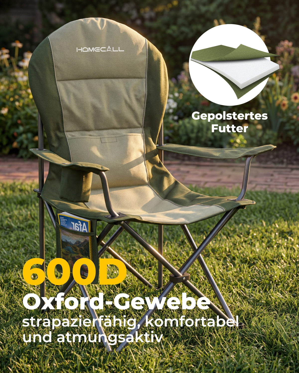 Campingstuhl faltbar Hochlehner – gepolsterter Outdoor-Klappstuhl bis 150 kg, leicht und stabil, grün