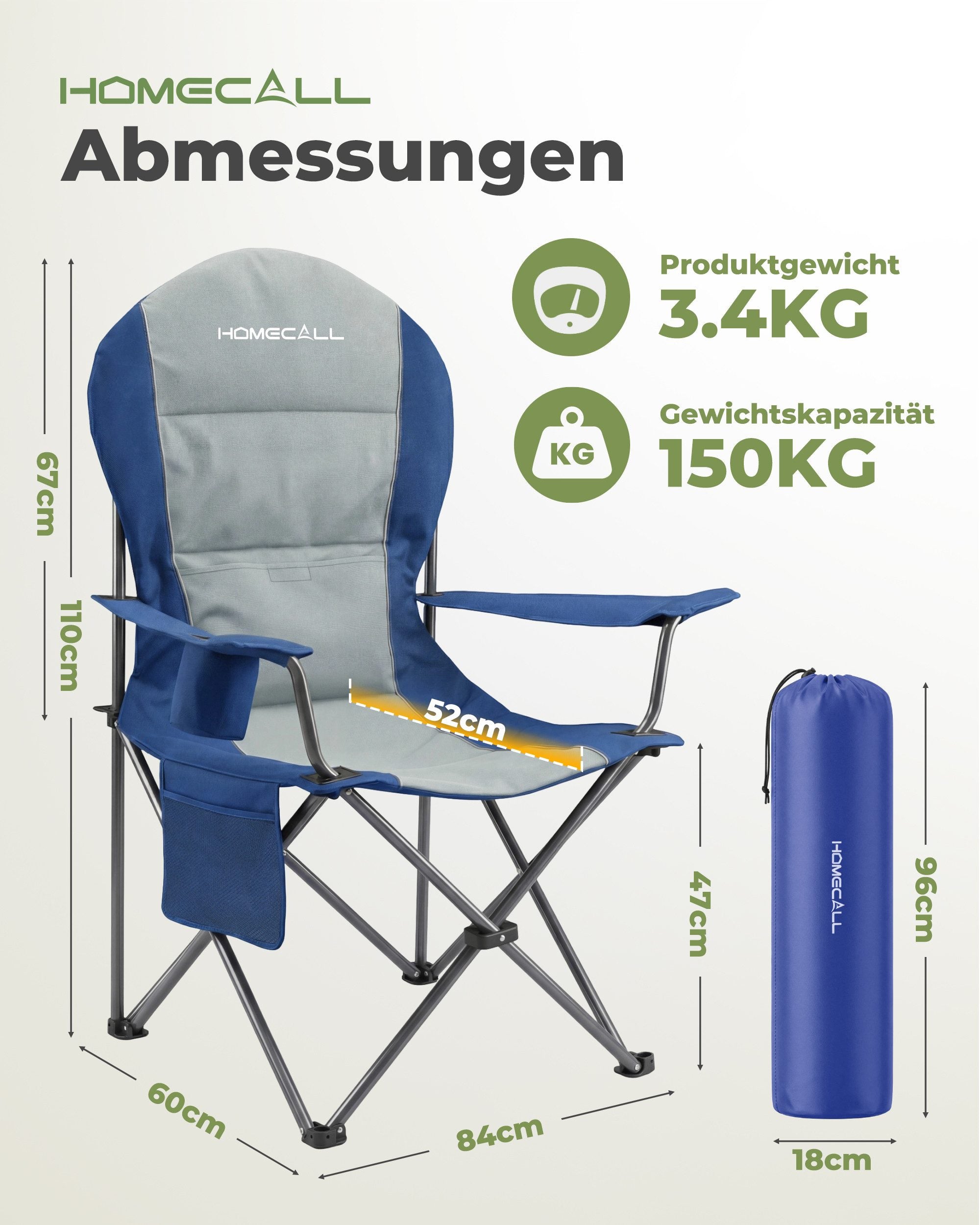 Campingstuhl faltbarer Hochlehner – gepolsterter Outdoor-Klappstuhl bis 150 kg, leicht und stabil, blau