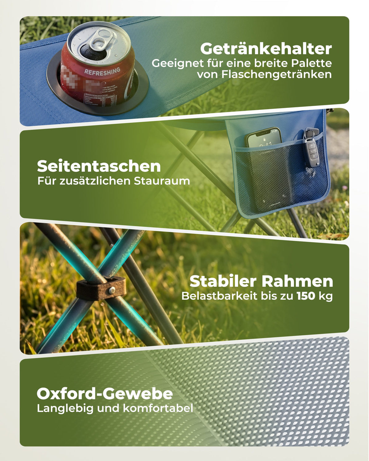 Campingstuhl faltbarer Hochlehner – gepolsterter Outdoor-Klappstuhl bis 150 kg, leicht und stabil, blau