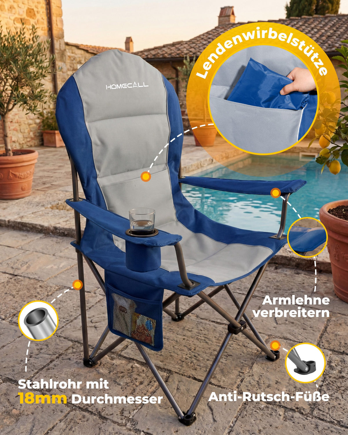 Campingstuhl faltbarer Hochlehner – gepolsterter Outdoor-Klappstuhl bis 150 kg, leicht und stabil, blau