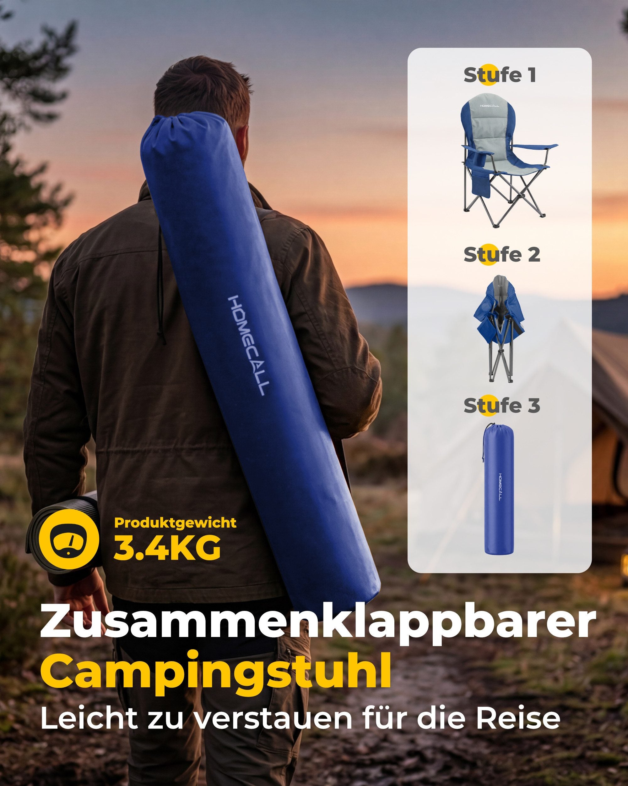 Campingstuhl faltbarer Hochlehner – gepolsterter Outdoor-Klappstuhl bis 150 kg, leicht und stabil, blau