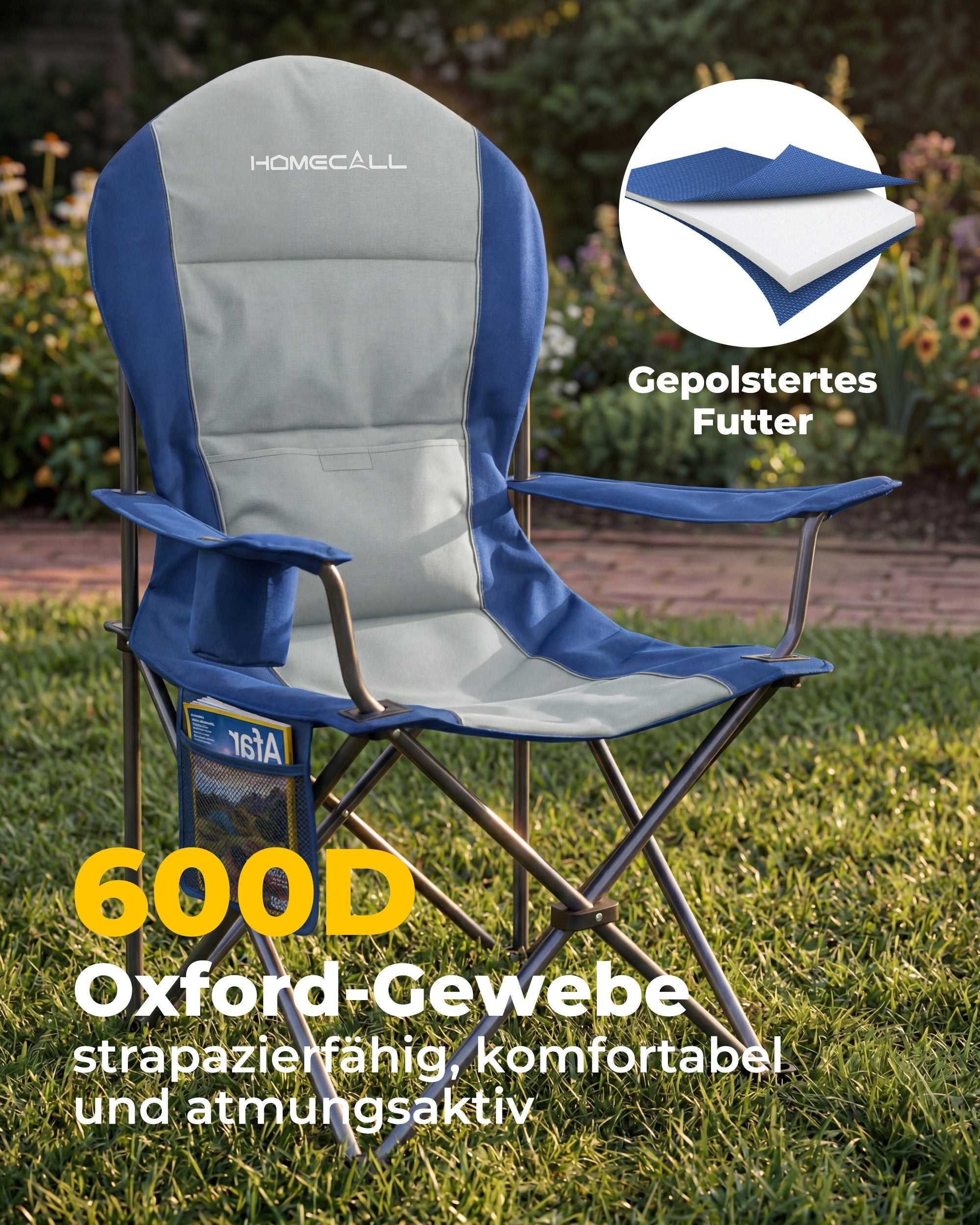 Campingstuhl faltbarer Hochlehner – gepolsterter Outdoor-Klappstuhl bis 150 kg, leicht und stabil, blau