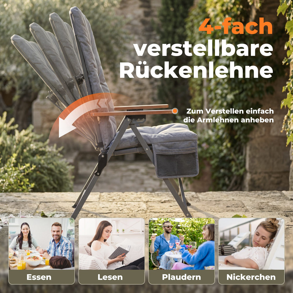 5-tlg. Gartenset Sitzgruppe – Klapptisch ca. 117x70 cm Holzoptik + 4 Hochlehner Hellgrau