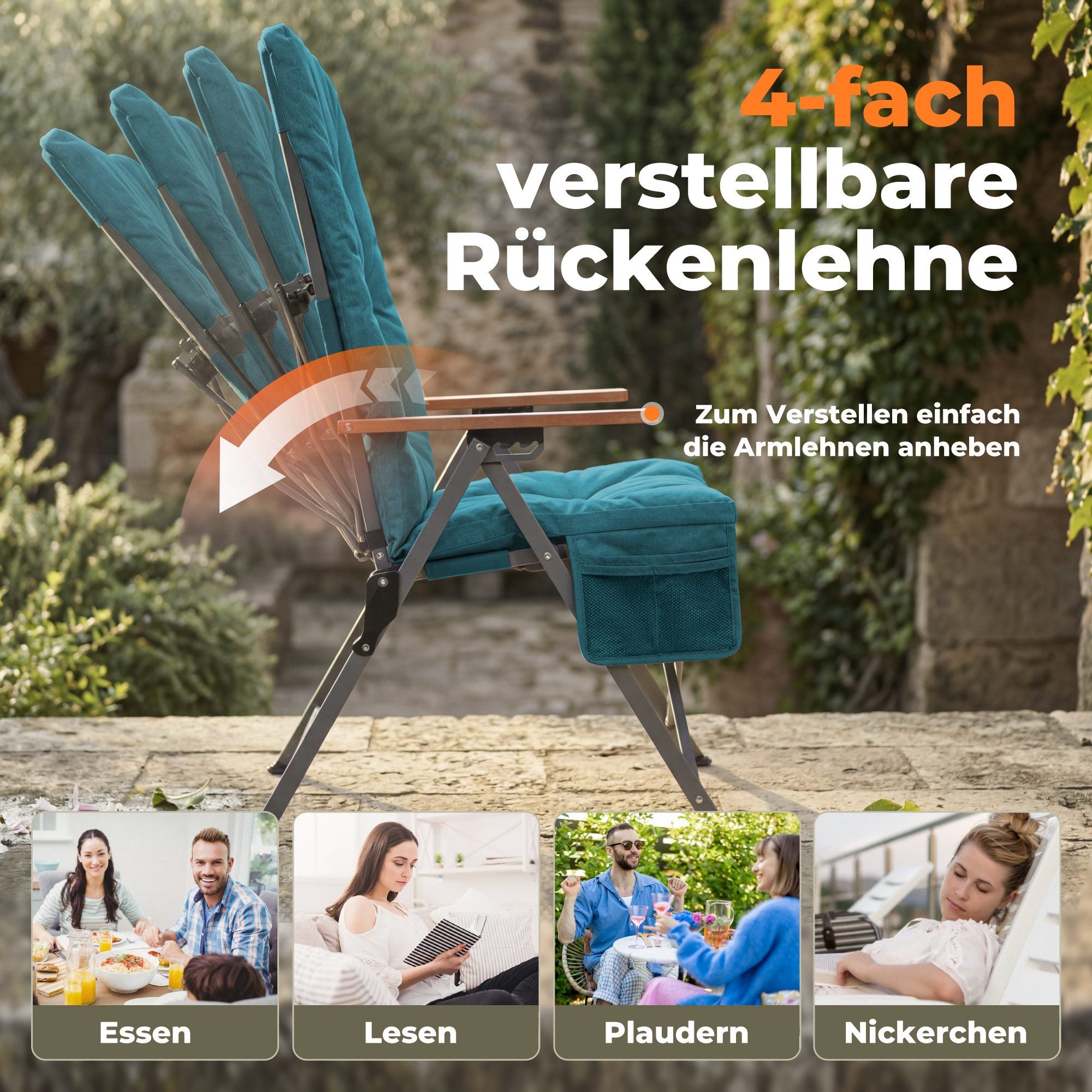 5-tlg. Gartenset Sitzgruppe – Klapptisch ca. 117x70 cm Holzoptik + 4 Hochlehner Marineblau