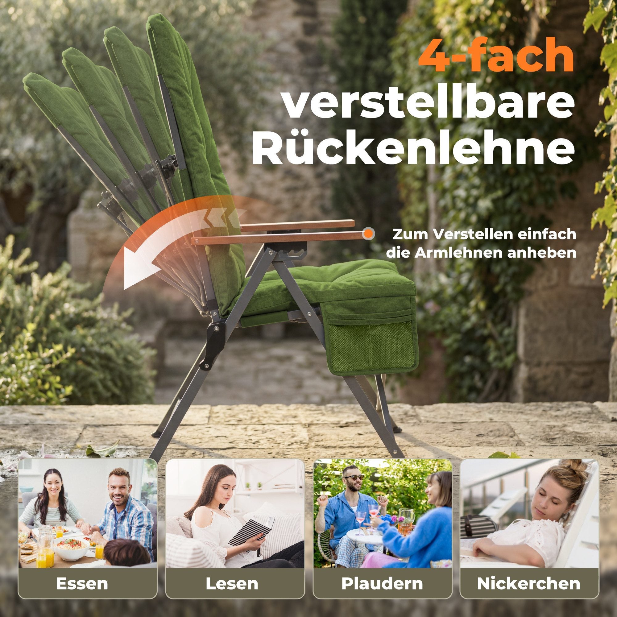 3-tlg. Gartenset Sitzgruppe – Klapptisch ca. 120x70 cm höhenverstellbar Holzoptik + 2 Hochlehner Grün
