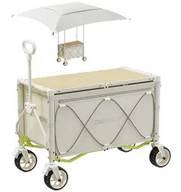 Klappbarer Bollerwagen mit Dach und Tischfunktion – faltbarer Transportwagen für Camping, Strand und Garten